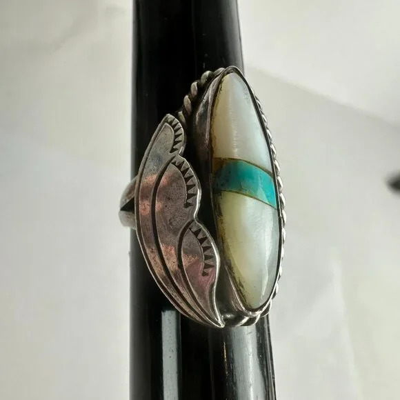Sterling Silver Mother of Pearl Turquoise Ring Size 5.5 Signed BW - Picture 2 of 7